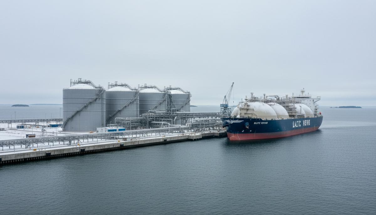 Танкер для перевозки сжиженного природного газа у причала современного промышленного терминала на побережье.