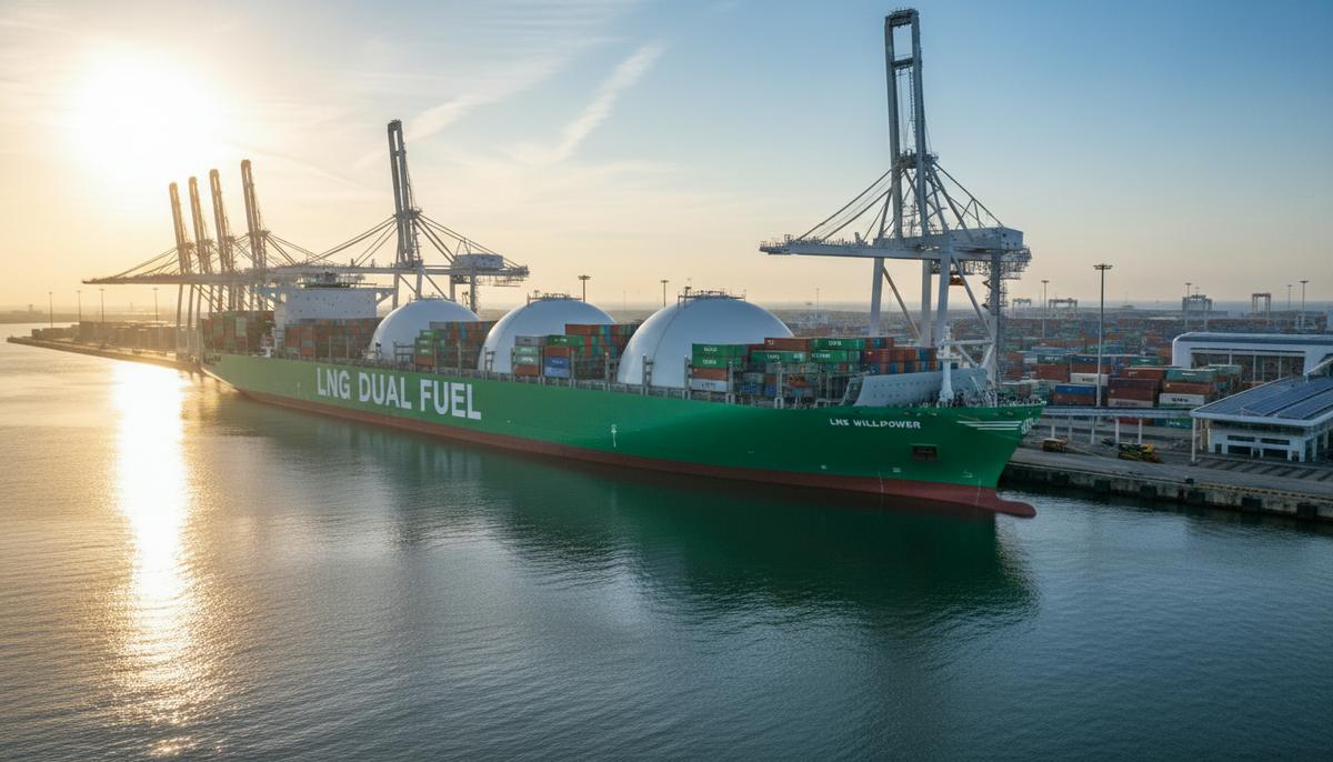 Огромный новый контейнеровоз «YM WILLPOWER» на сжиженном природном газе (СПГ) у причала в современном морском порту на рассвете.
