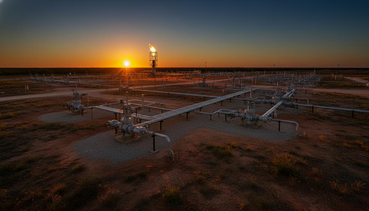 Промышленный пейзаж с оборудованием для добычи природного газа на месторождении Хейнсвилл в Луизиане на закате.