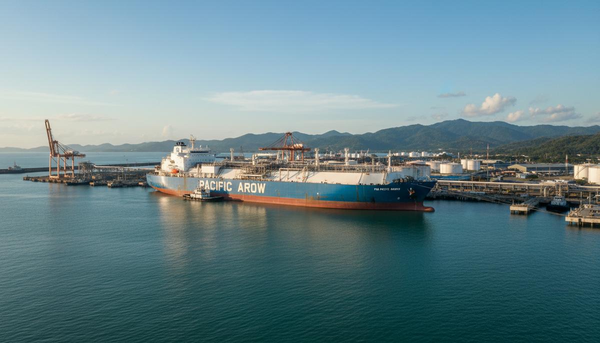 Крупное судно-газовоз, плавучее хранилище СПГ, на якоре в портовом заливе Буэнавентура в Колумбии.