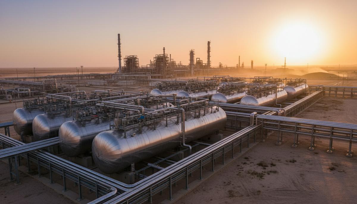 Промышленный комплекс по улавливанию CO2 в пустыне: серебристые резервуары и сеть трубопроводов на фоне СПГ-завода.