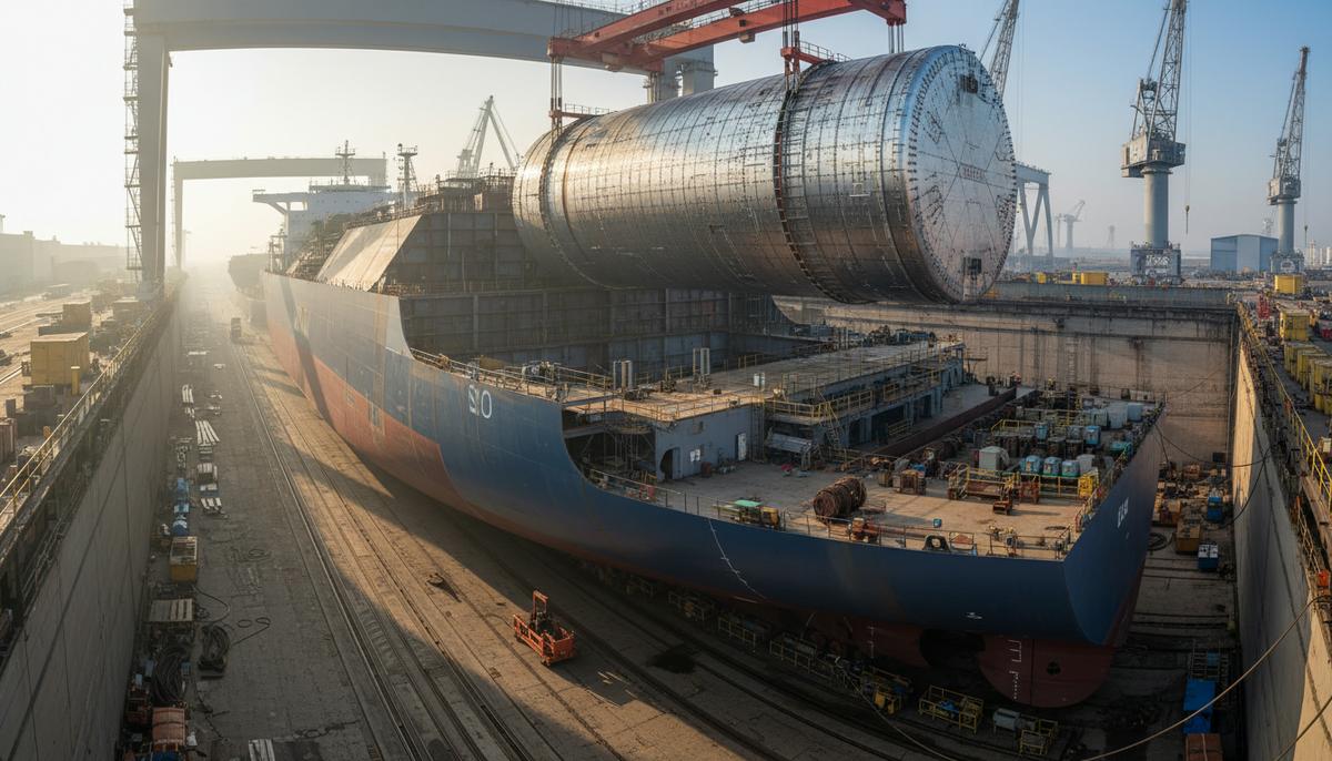 Строительство СПГ-танкера на верфи. Кран опускает крупный криогенный резервуар в корпус будущего газовоза.