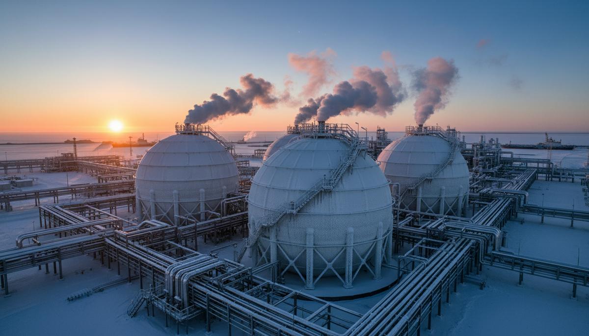 Промышленный пейзаж с терминалом сжиженного природного газа (СПГ) на рассвете зимой. Большие сферические резервуары и сеть трубопроводов.
