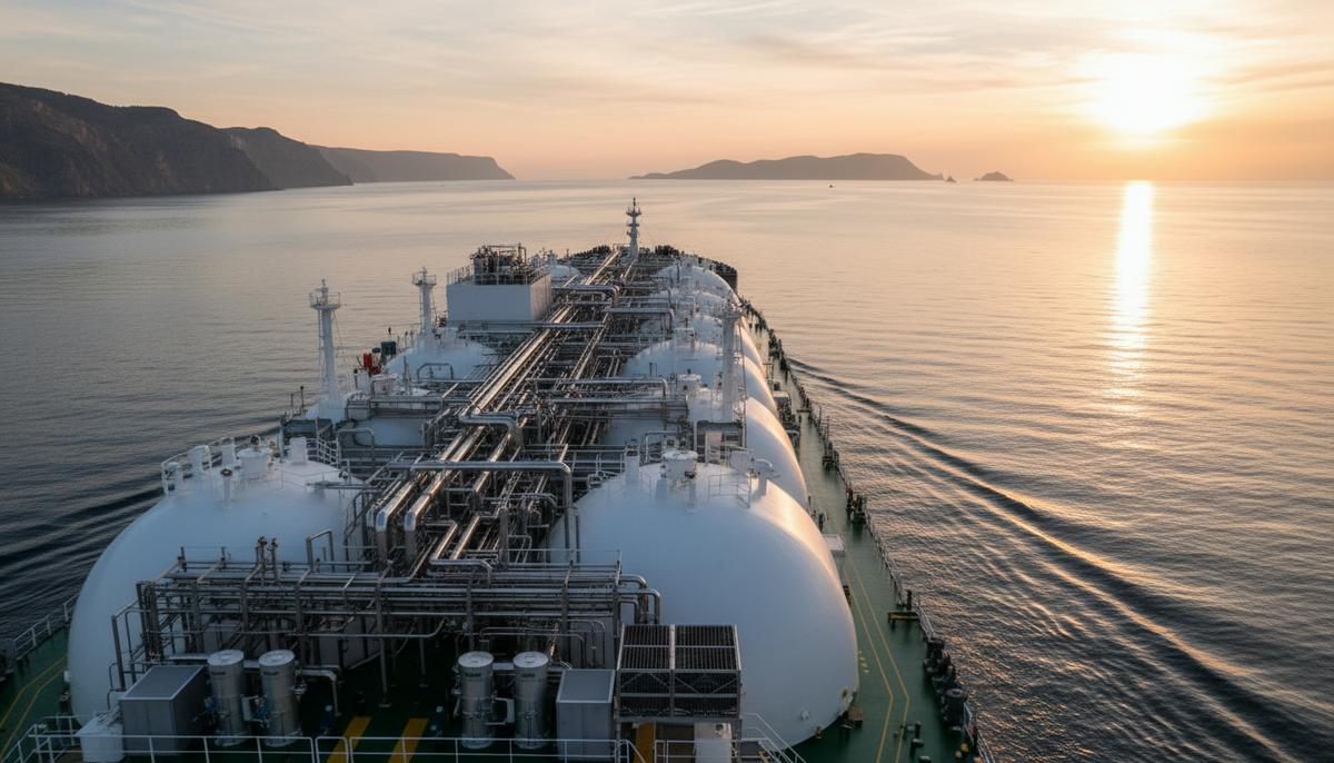 Современный танкер-газовоз для перевозки СПГ в море. На палубе видны криогенные танки и сложное технологическое оборудование.