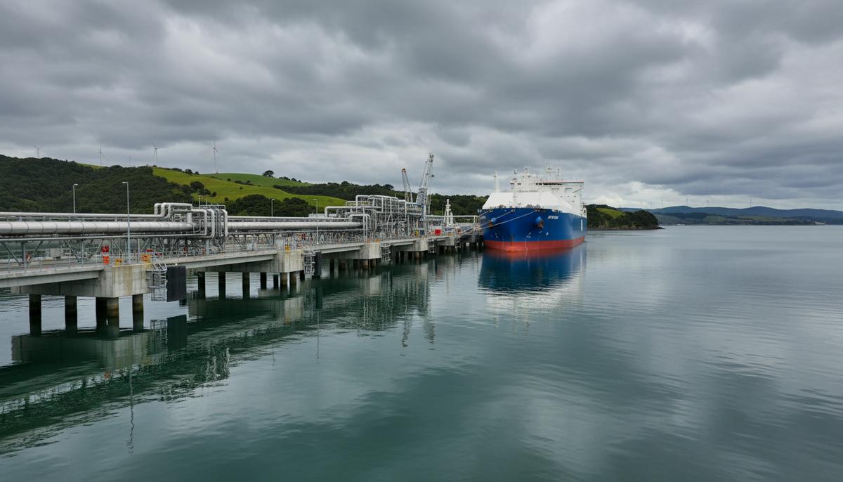 Крупное судно-регазификатор СПГ пришвартовано у промышленного пирса, уходящего в море от зеленого холмистого берега.
