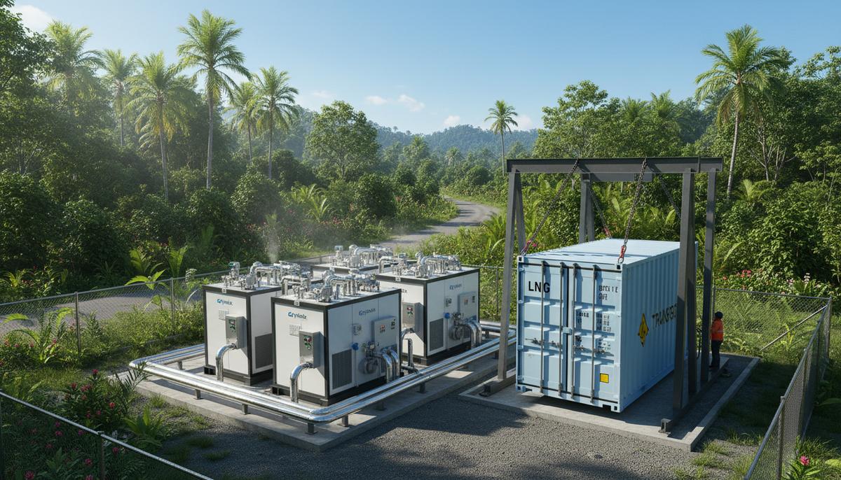 Компактный модульный завод по сжижению природного газа с технологическим оборудованием, трубами и ISO-контейнером в тропиках.