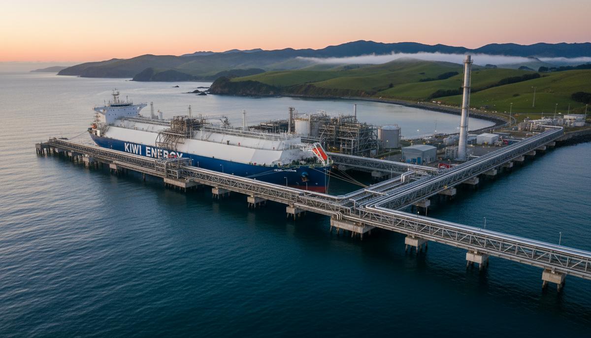 Промышленный пирс и плавучая установка для регазификации СПГ на фоне зеленых холмов новозеландского побережья.
