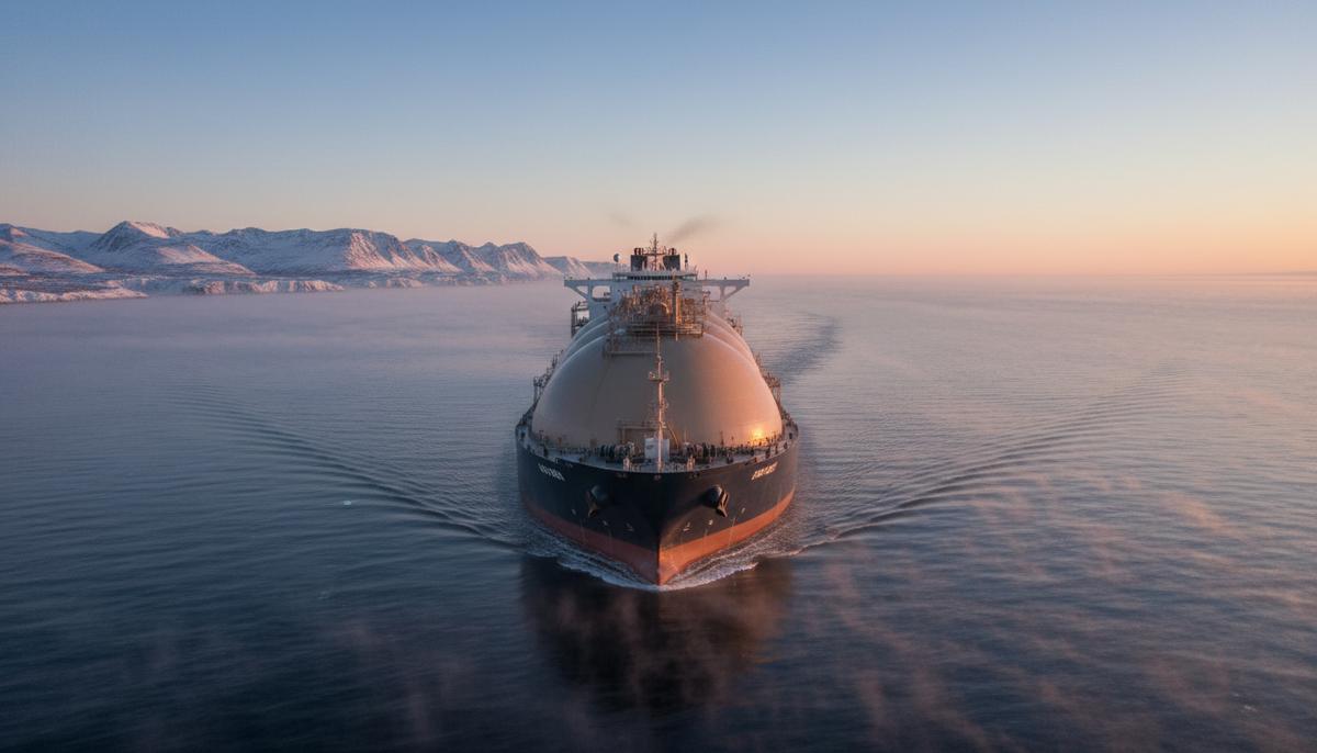 Газовоз СПГ в море на рассвете у скалистого, заснеженного побережья. Огромный танкер для перевозки сжиженного природного газа.