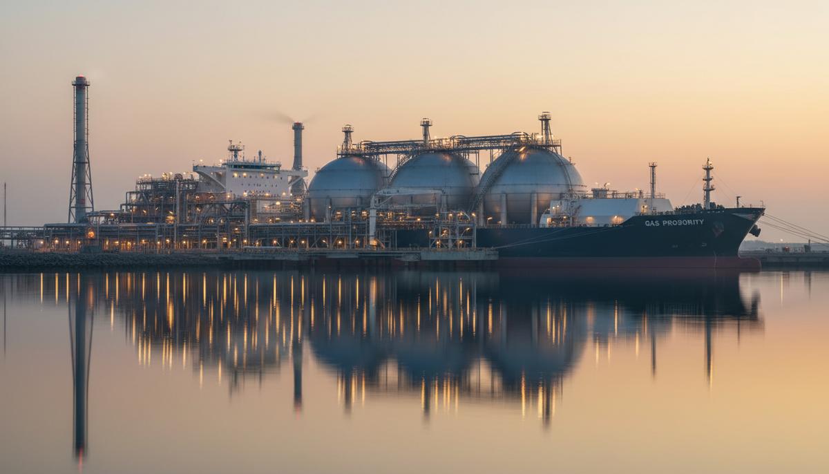 Огромный танкер-газовоз для перевозки СПГ у причала современного экспортного терминала со сферическими хранилищами.