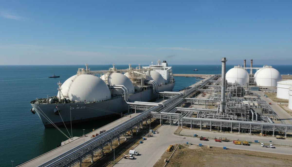 Огромный СПГ-танкер пришвартован у берегового терминала регазификации со сферическими резервуарами для хранения газа.