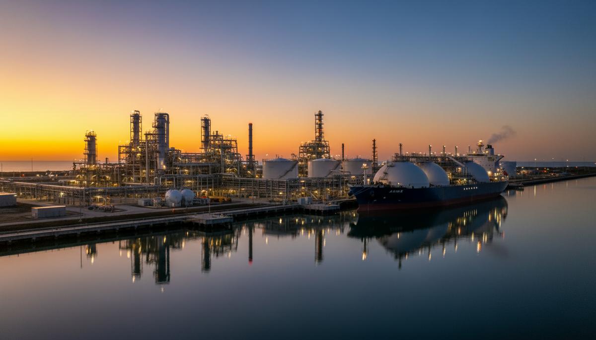 Крупный терминал по сжижению природного газа на побережье с резервуарами и трубами. У причала стоит СПГ-танкер на закате.