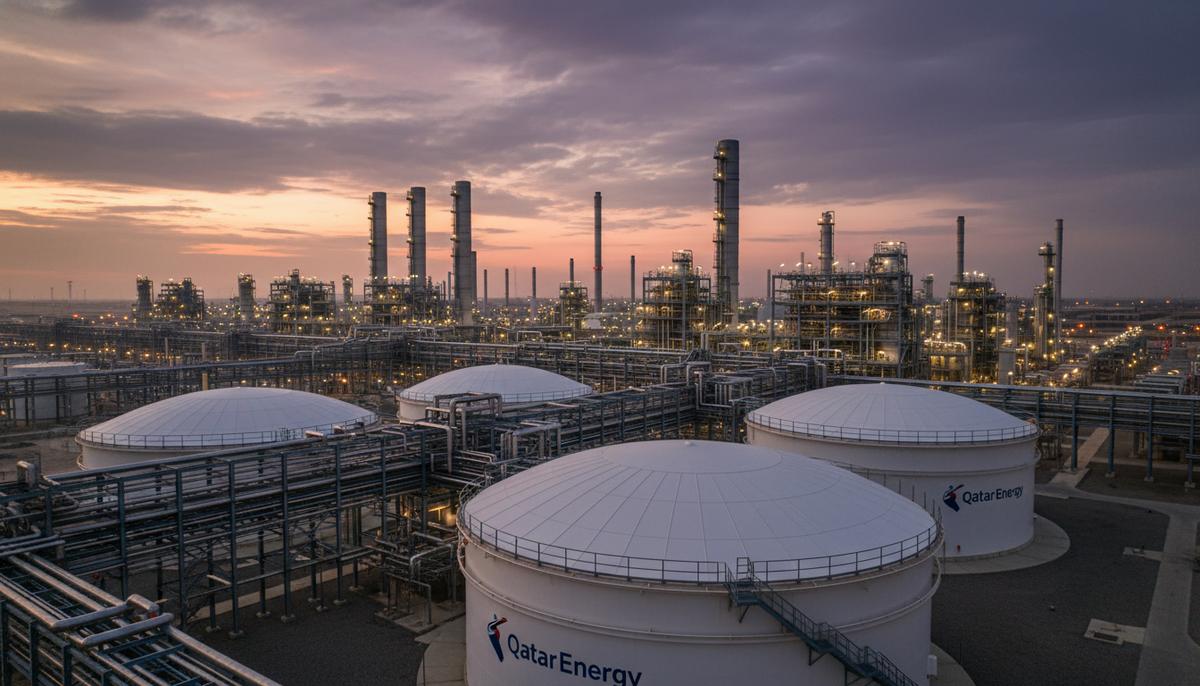 QatarEnergy и Technip Energies расширят добычу СПГ в рамках проекта North Field West Огромный завод по производству сжиженного природного газа в Катаре на закате. Видны гигантские резервуары, трубы и промышленные сооружения.