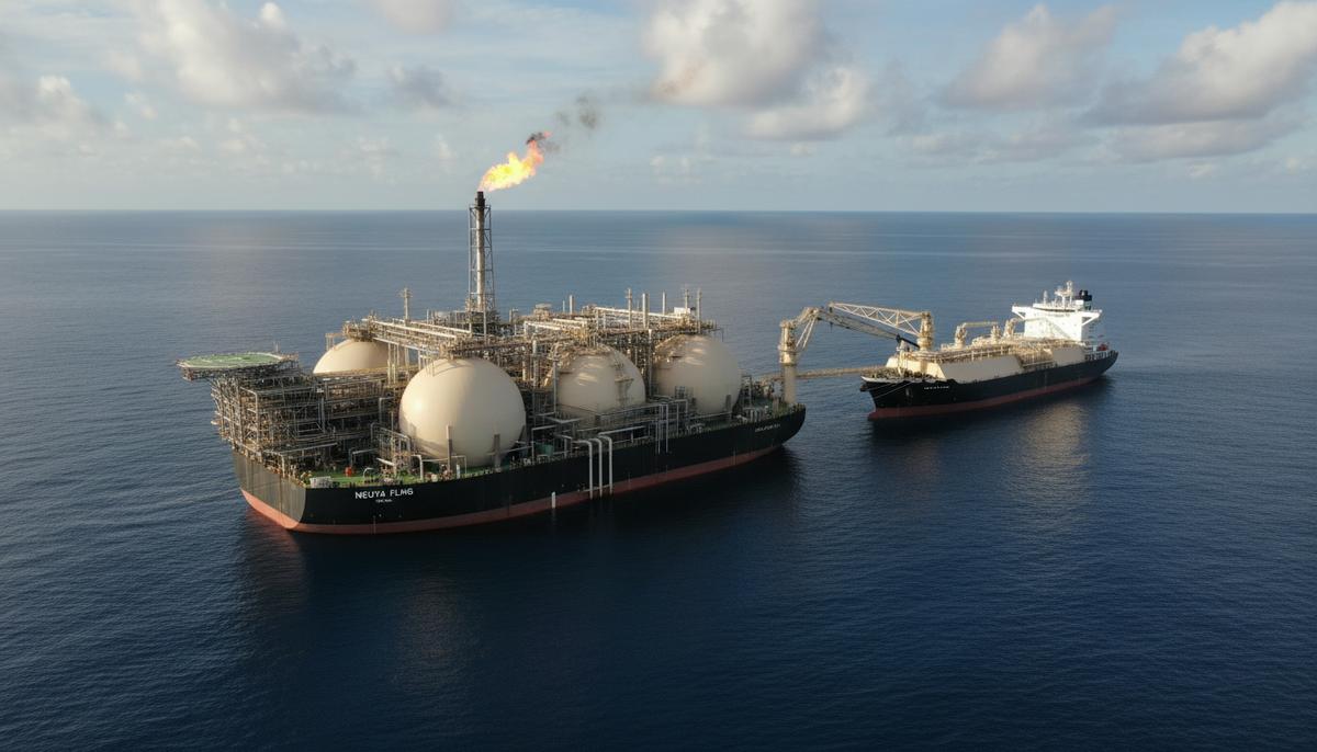 Плавучий завод по сжижению природного газа NGUYA FLNG в море у побережья Республики Конго, рядом с которым пришвартован танкер-газовоз.