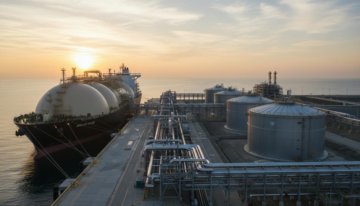 Cheniere Energy расширяет поставки СПГ на Тайвань по новому контракту до 2050 года Танкер для сжиженного природного газа (СПГ) у причала регазификационного терминала с большими хранилищами на рассвете.