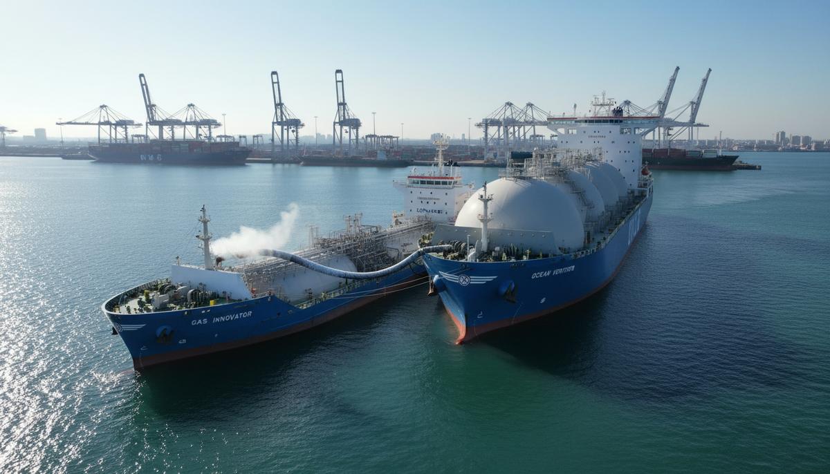 Огромный контейнеровоз проходит заправку сжиженным природным газом (СПГ) с борта специализированного судна-бункеровщика в акватории порта.