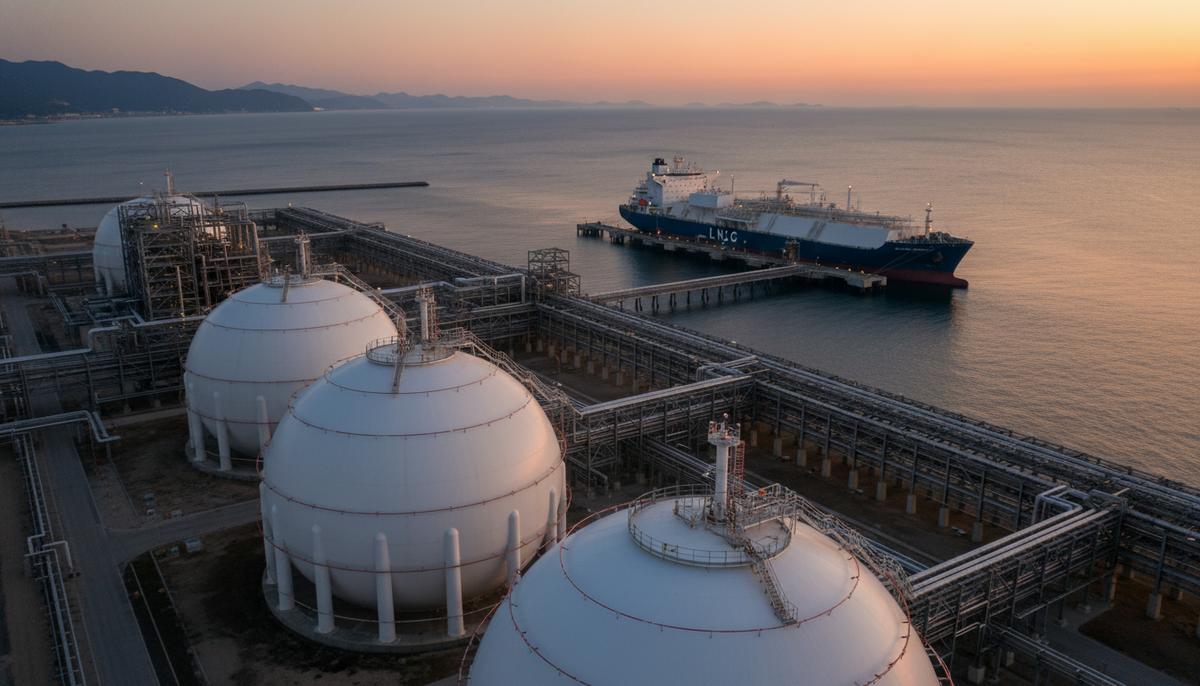 Промышленный пейзаж СПГ-терминала на побережье: сферические резервуары для хранения газа и пришвартованный танкер.