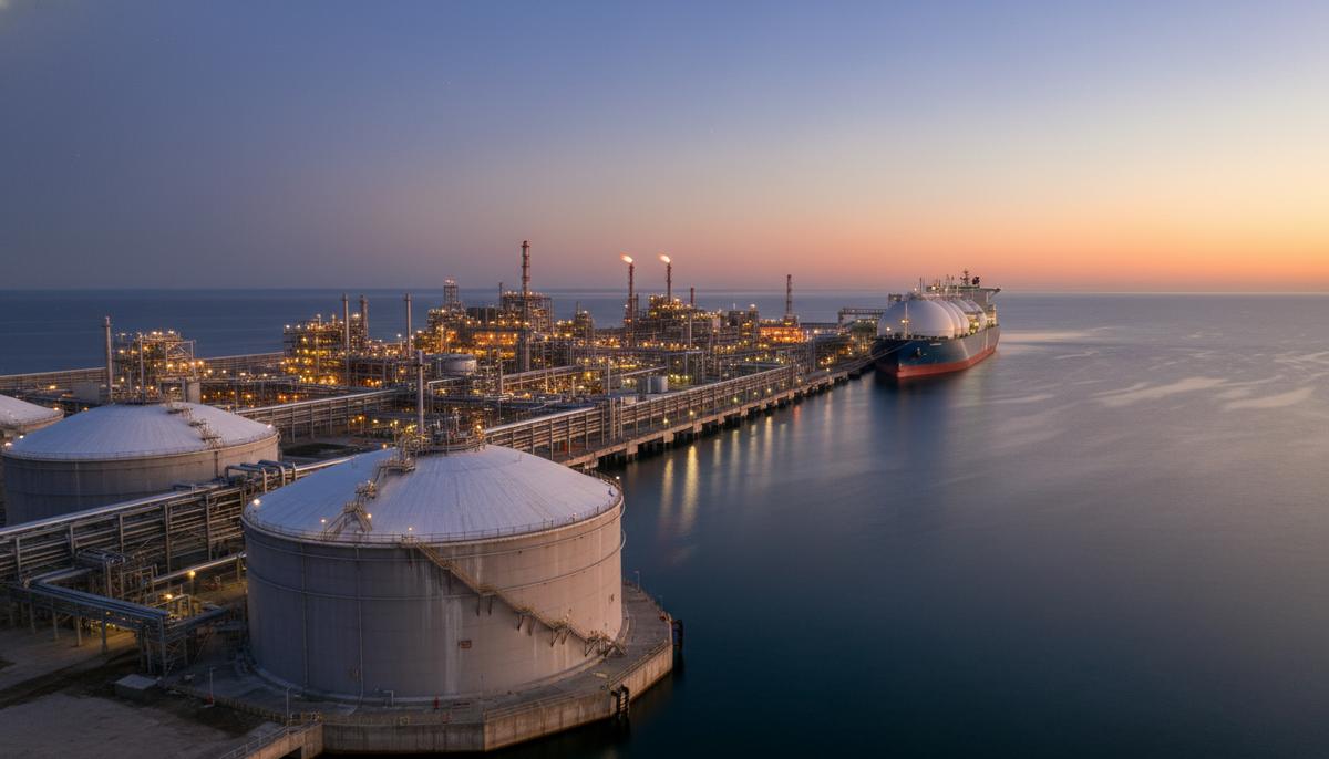 США одобрили расширение СПГ-терминала Cheniere в Корпус-Кристи СПГ-терминал на берегу океана в сумерках. Вид на большие резервуары для хранения газа, трубы и пришвартованный газовоз.