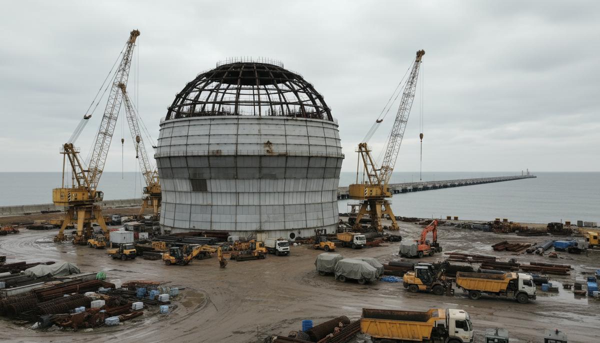 Японская JAPEX выходит из проекта СПГ-терминала во Вьетнаме из-за нерентабельности Крупный резервуар для хранения СПГ на стройплощадке в прибрежной промышленной зоне рядом с портовым причалом и строительными кранами.