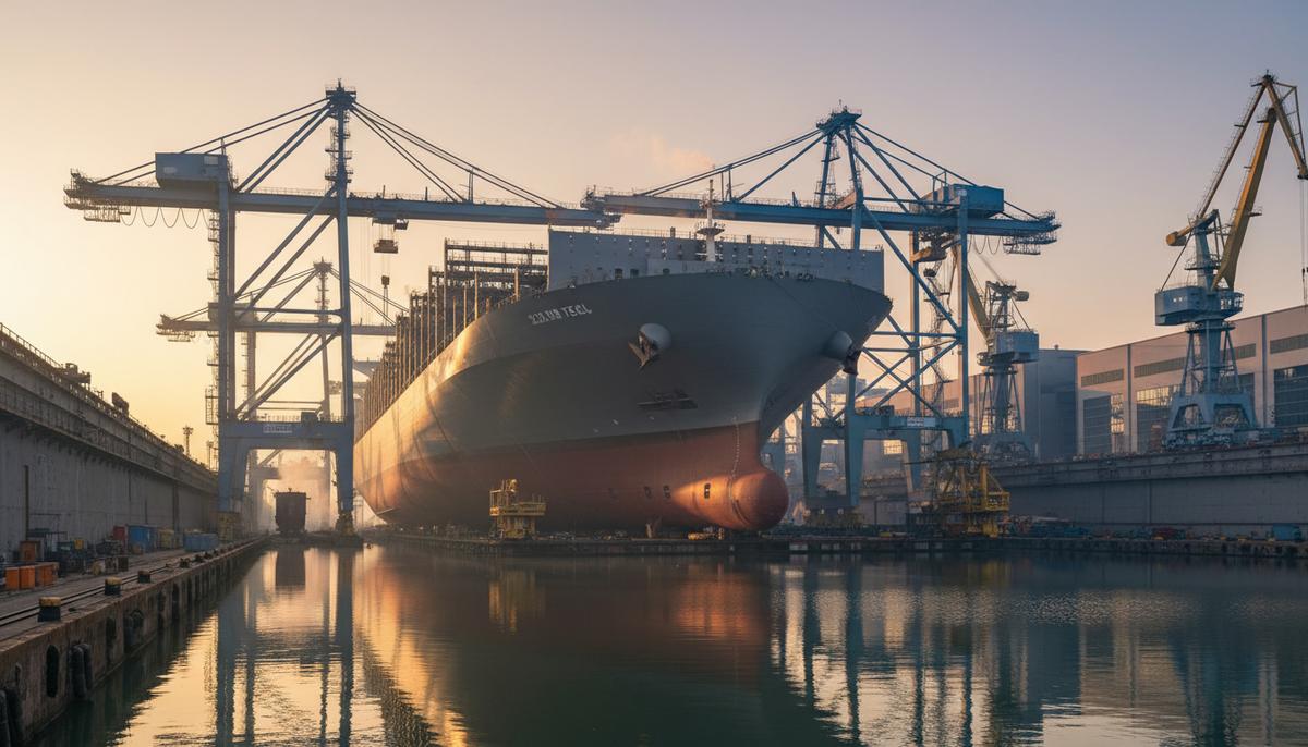 Огромный новый контейнеровоз на СПГ на стапеле судостроительного завода в окружении портовых кранов на рассвете.