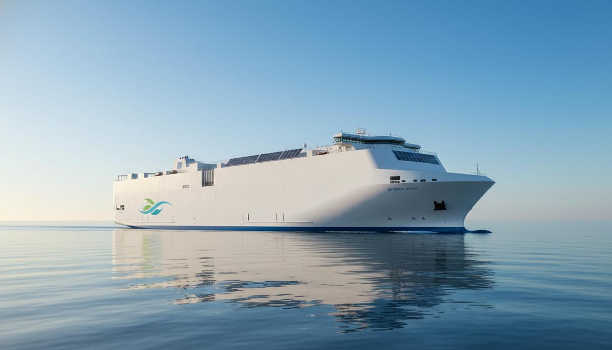 Европейский перевозчик UECC заказал в Китае два новых гибридных судна на СПГ Современное судно для перевозки автомобилей и грузовиков с аэродинамическим дизайном в открытом море в ясный день.