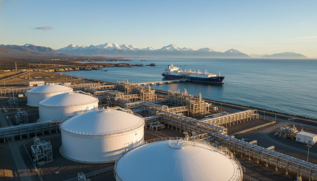 Завод по сжижению природного газа на побережье с резервуарами для хранения и пришвартованным к терминалу танкером-газовозом.