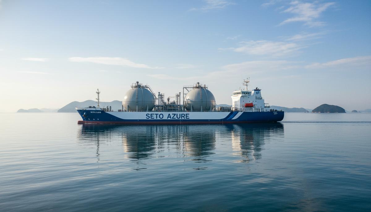 Новое судно-бункеровщик СПГ SETO AZURE в спокойных водах Внутреннего Японского моря на фоне далеких островов.