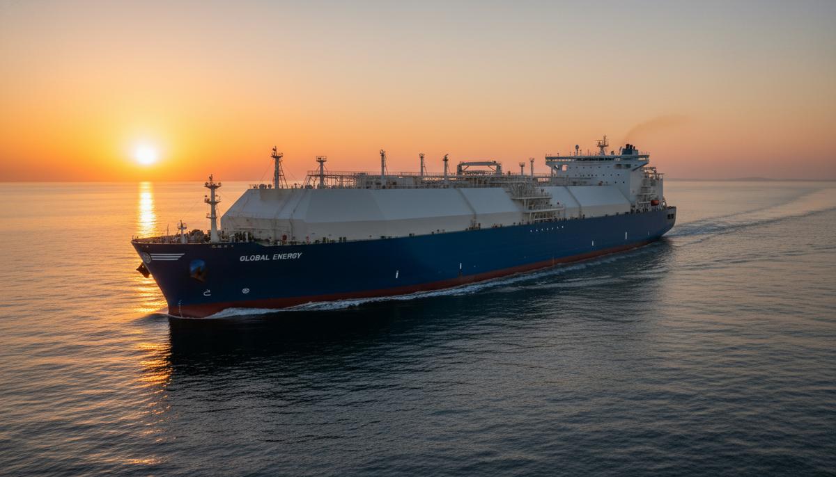 Огромный современный танкер для перевозки сжиженного природного газа (СПГ) в открытом море во время заката.