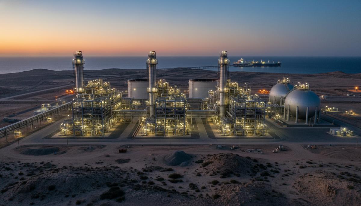 Завод по сжижению природного газа на острове в Австралии на закате. Промышленные установки и сферические резервуары для хранения СПГ.