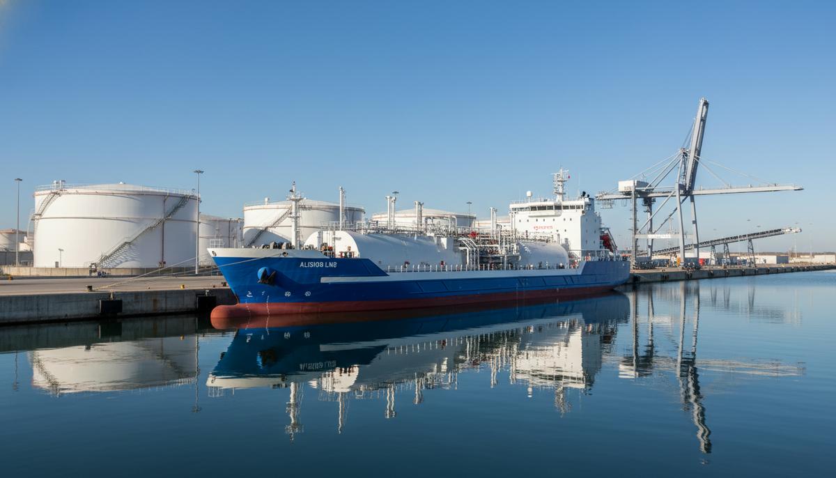 Новый газовоз-бункеровщик СПГ Alisios LNG у причала в промышленном порту рядом с береговыми резервуарами для хранения газа.