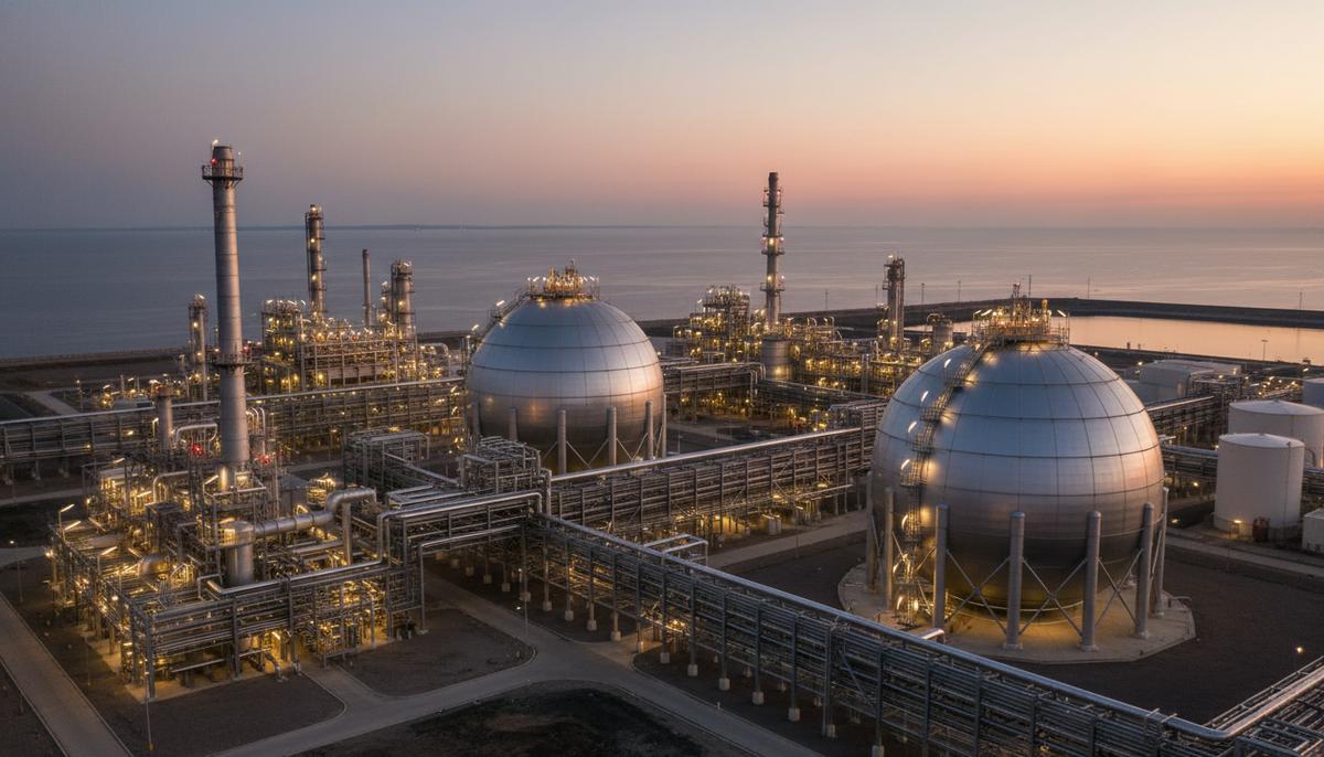 Крупнейшее финансирование в США: Venture Global привлекла $8,6 млрд для CP2 LNG Современный завод по сжижению природного газа (СПГ) с крупными сферическими резервуарами для хранения и сетью трубопроводов на побережье.