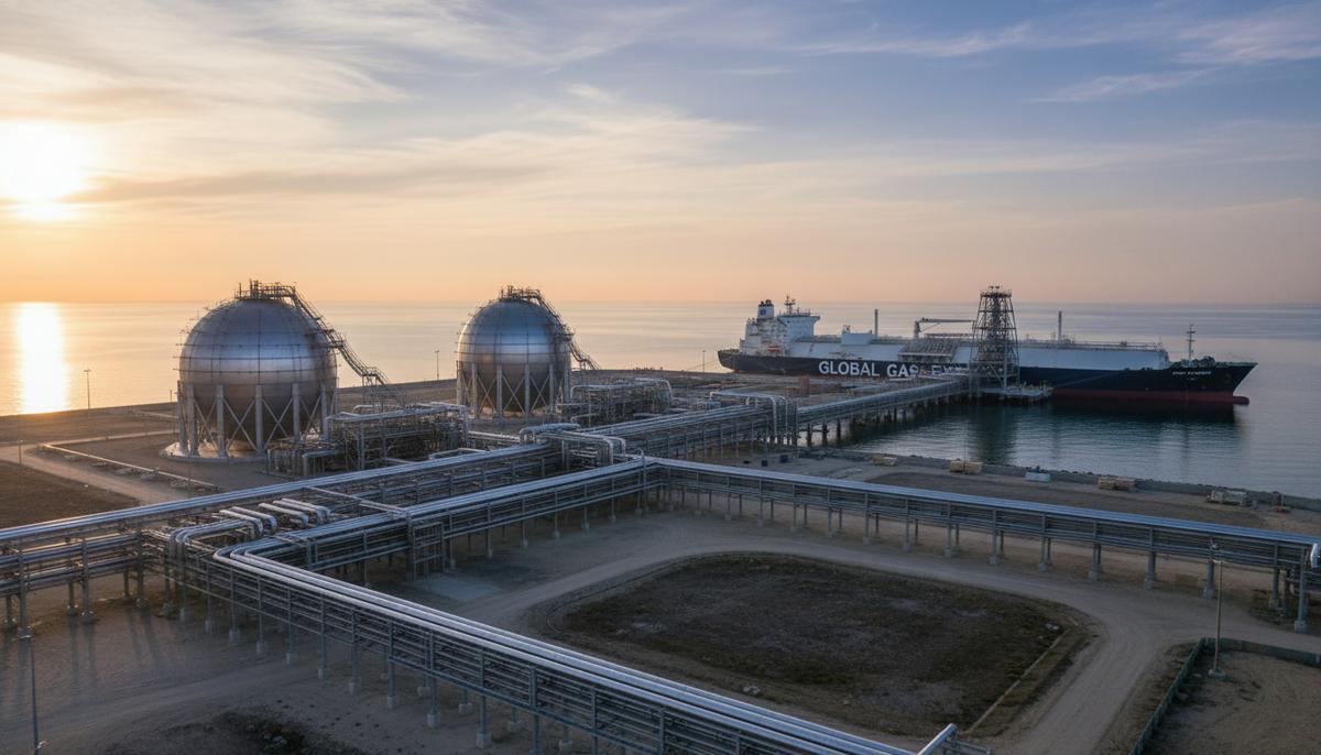 Крупный прибрежный терминал сжиженного природного газа (СПГ) на рассвете. Массивные сферические резервуары и сеть трубопроводов, у причала стоит газовоз.
