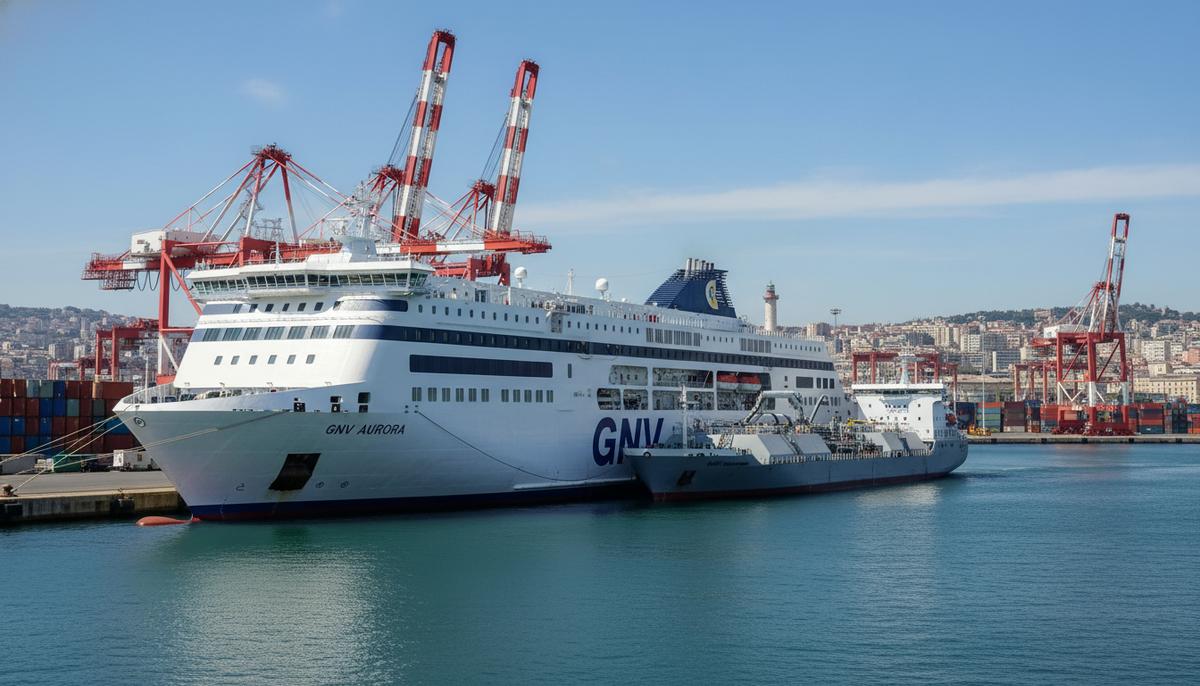 Современный паром GNV Aurora на СПГ у причала в порту Генуи во время заправки с судна-бункеровщика.