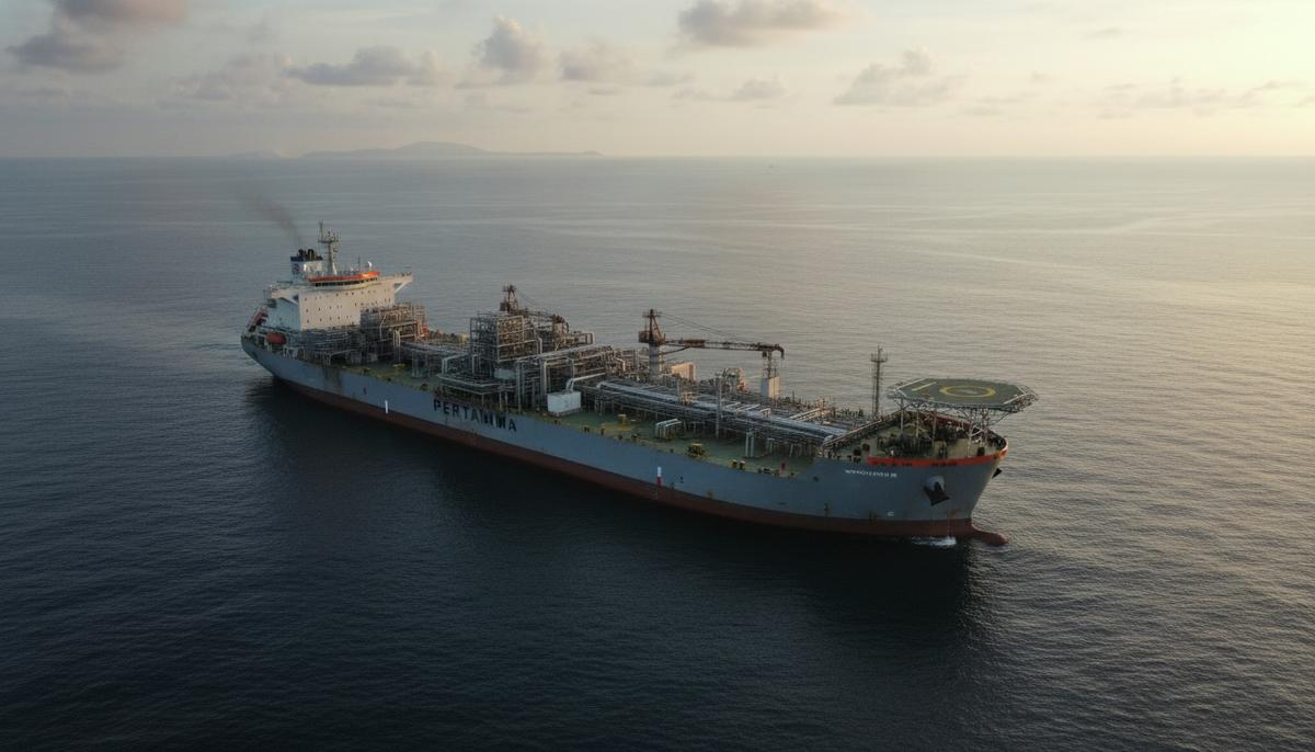 Плавучая установка для добычи, хранения и отгрузки газа (FPSO) в открытом океане на фоне заката. Вид с воздуха.