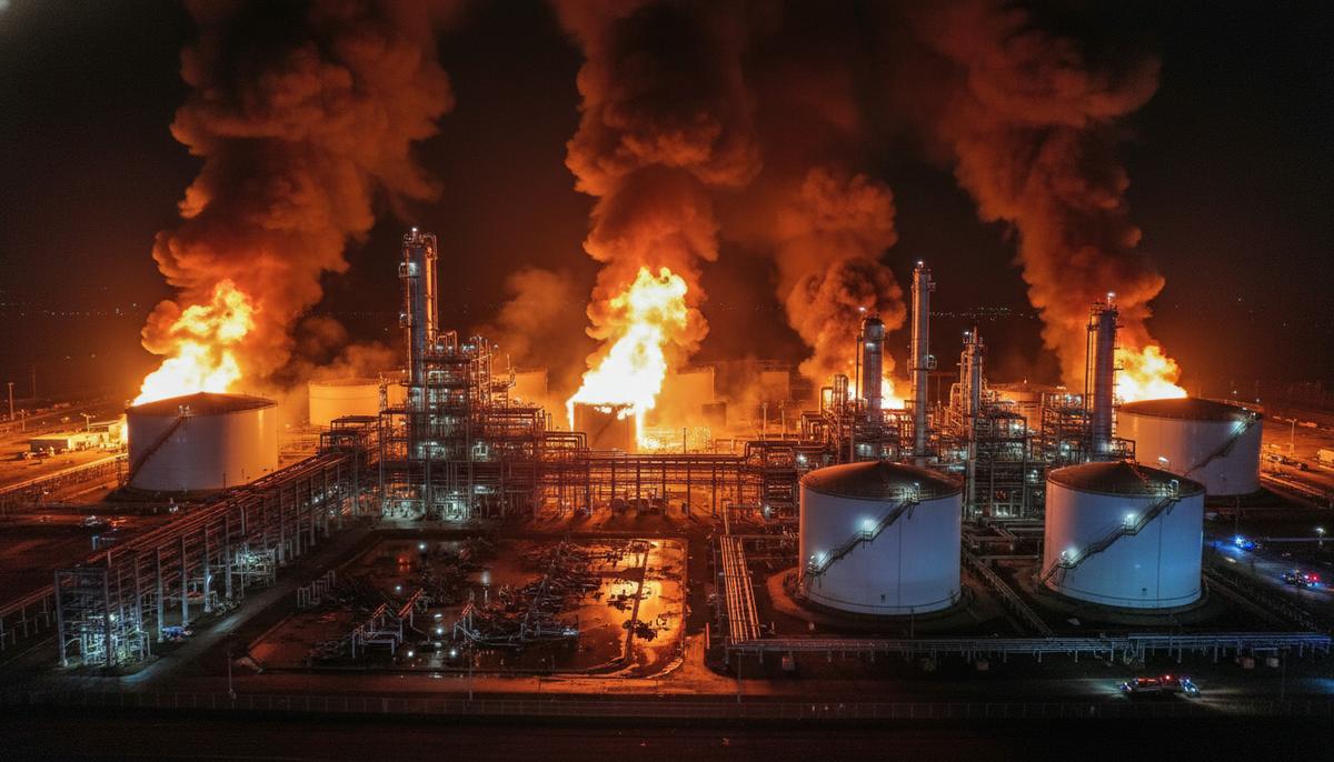 Крупный завод по производству СПГ в ночное время. Из нескольких промышленных установок вырывается огонь и густой дым.