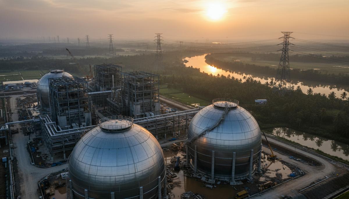 Вьетнам подписал соглашение о подключении СПГ-электростанции мощностью 3200 МВт Огромные сферические резервуары для сжиженного природного газа на строящейся электростанции и опоры ЛЭП на фоне речного пейзажа.