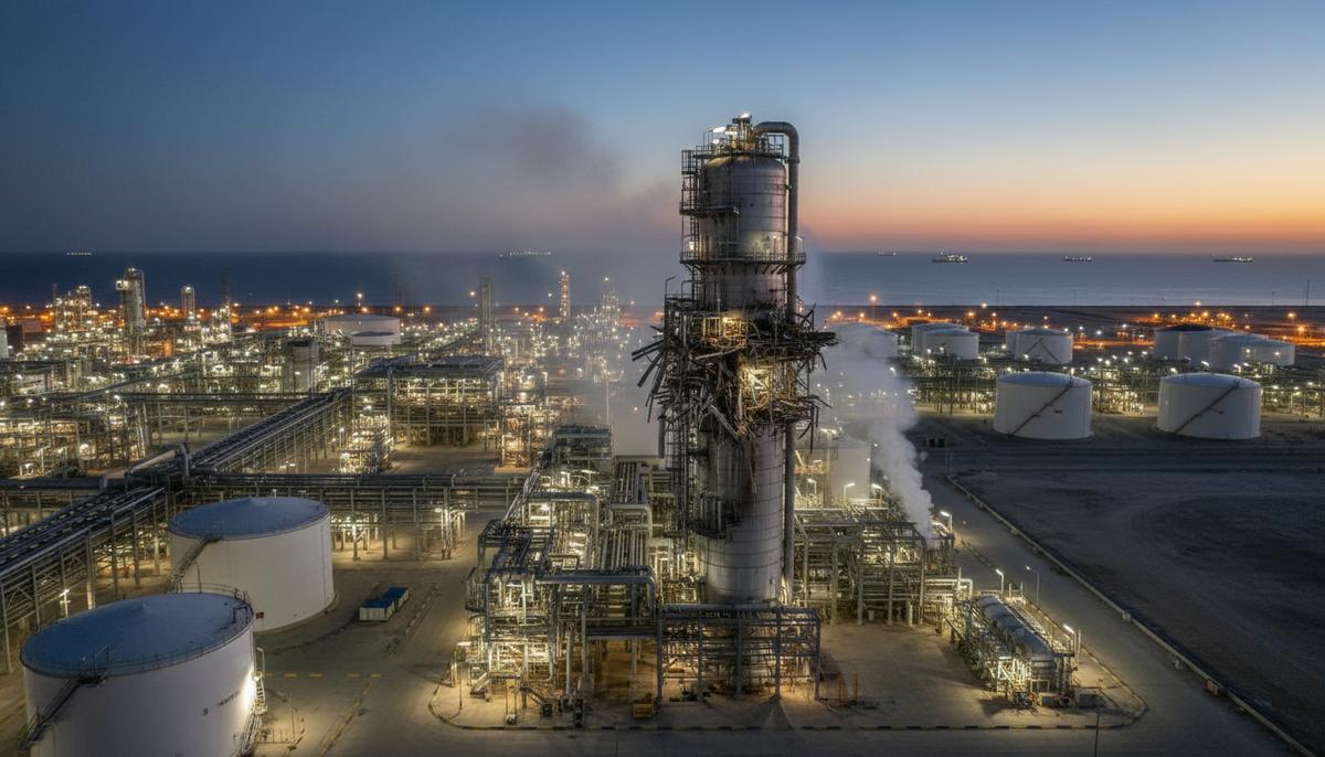 Удары по СПГ-заводам Катара сорвут поставки в Европу и Азию на срок до 5 лет Промышленный пейзаж с поврежденным заводом по производству СПГ в Рас-Лаффане на закате, вид на разрушенную установку и трубы.