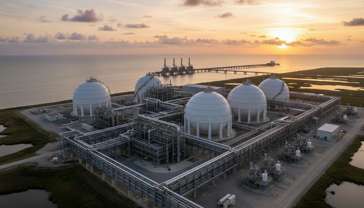 Worley получила контракт на вторую фазу СПГ-проекта CP2 в США Крупный СПГ-терминал на побережье: массивные резервуары для хранения газа, сеть трубопроводов и причал в океане.