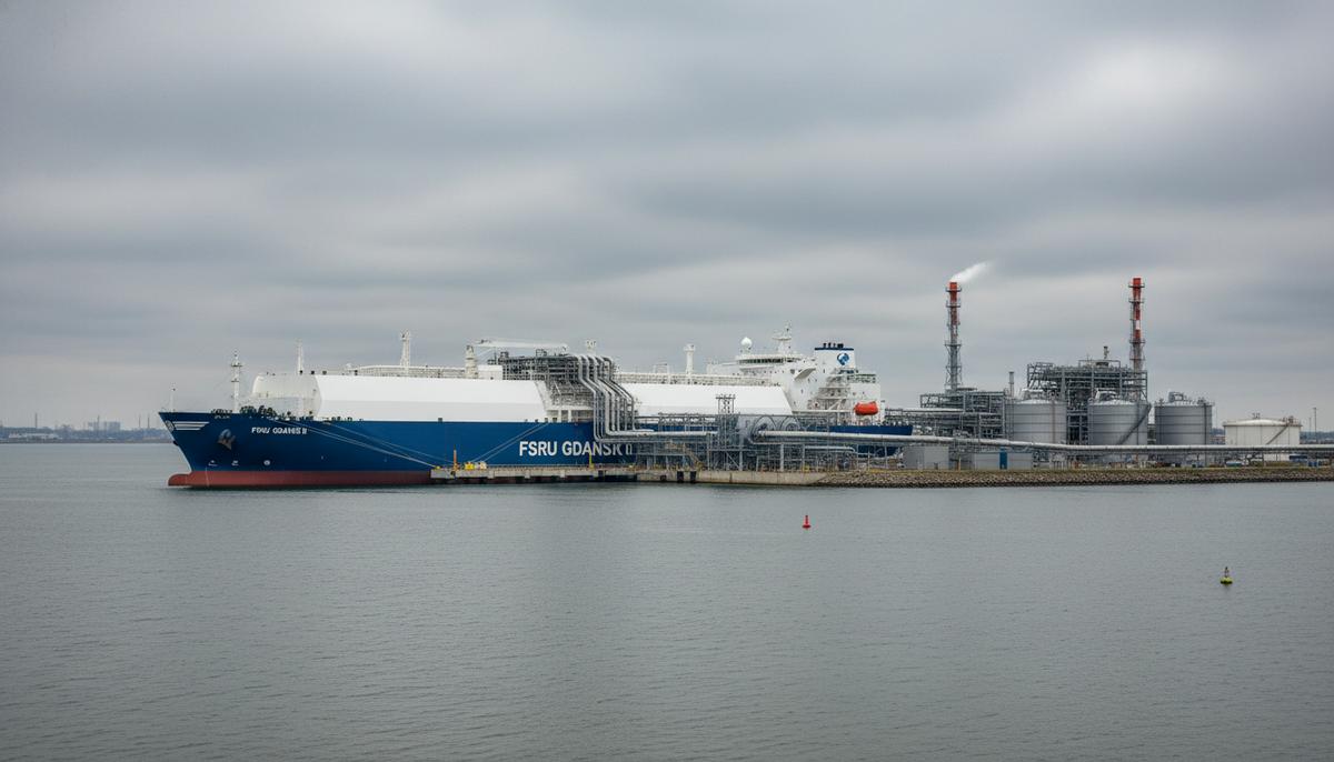 Плавучая регазификационная установка (FSRU) у причала СПГ-терминала в Гданьске на фоне Балтийского моря и береговой инфраструктуры.