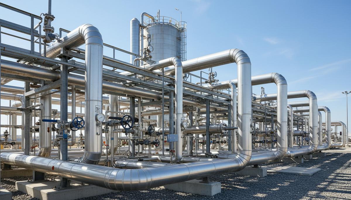 Baker Hughes: надежность заводов СПГ зависит от правильного выбора клапанов Сеть промышленных труб из нержавеющей стали и клапанов на заводе по сжижению природного газа на фоне криогенного резервуара.