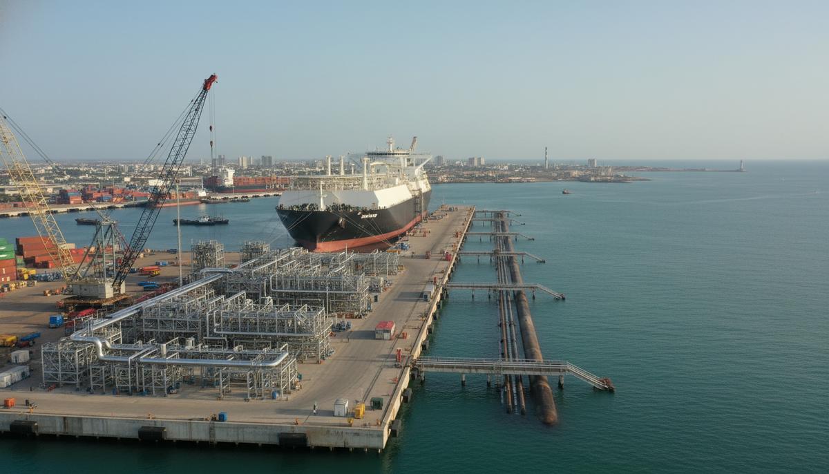 СПГ-терминал в порту Дакара: плавучая установка для хранения и регазификации у причала, модульное оборудование на берегу.