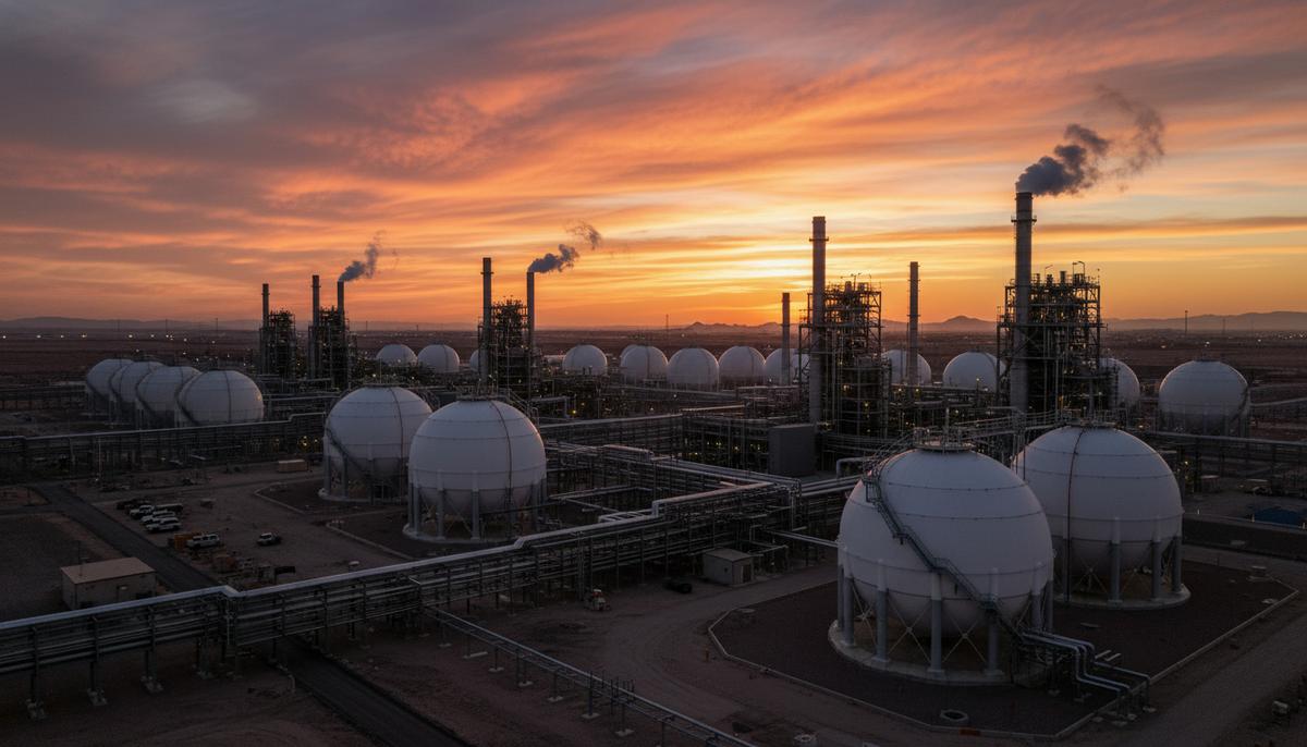 Крупный завод по сжижению природного газа с шарообразными резервуарами для хранения СПГ на фоне пустынного заката.