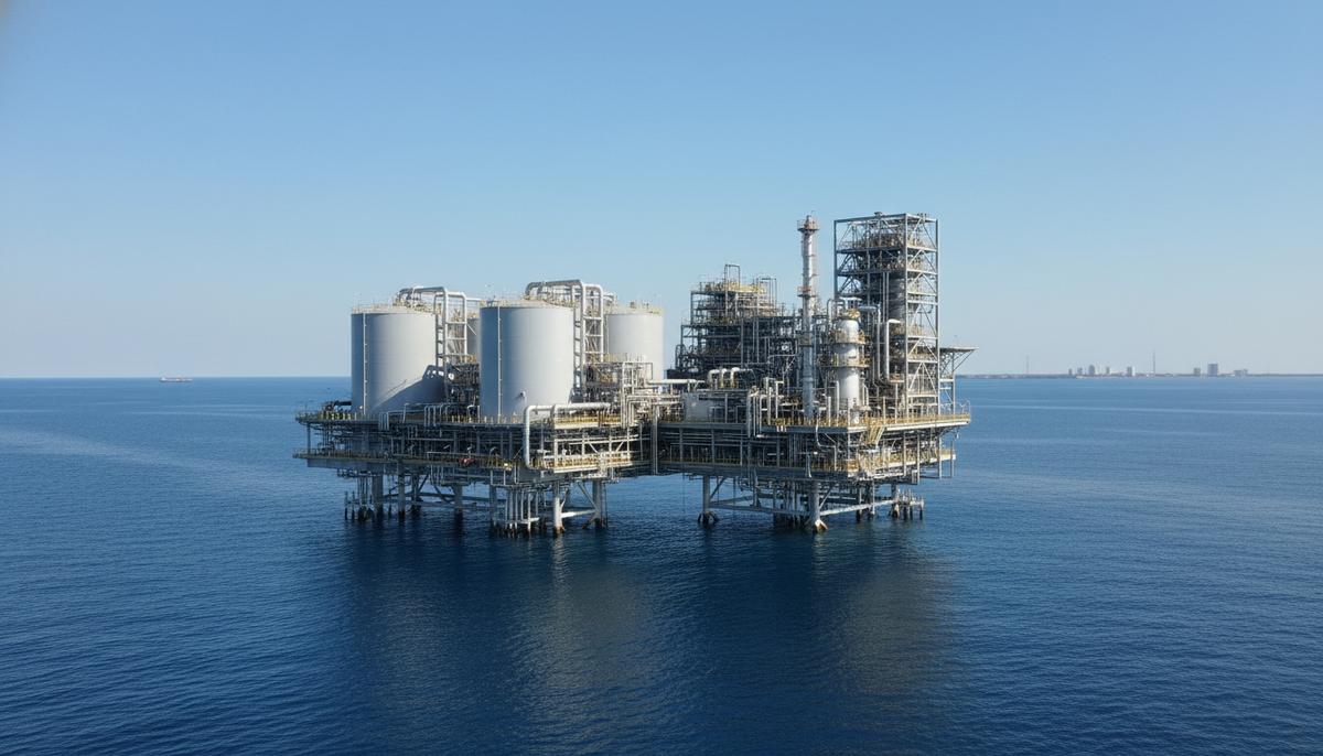 Морская платформа для экспорта сжиженного природного газа (СПГ) в открытом море у побережья Техаса с резервуарами и трубами.