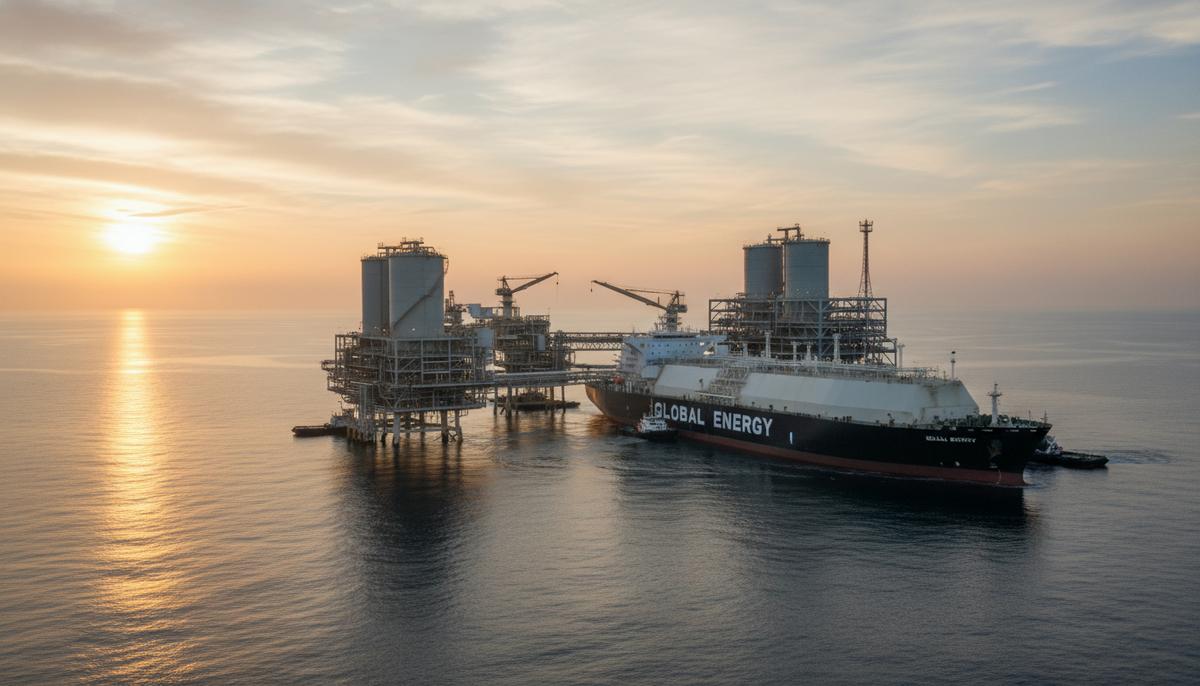 Огромный танкер-газовоз для перевозки СПГ подплывает к морскому регазификационному терминалу в Адриатическом море на рассвете.