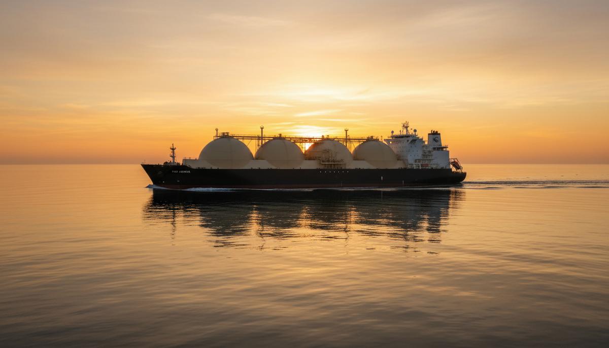 Flex LNG заключила контракт с энергогигантом на аренду танкера Flex Aurora Современный танкер-газовоз для перевозки СПГ в открытом море на рассвете. На палубе видны большие резервуары для газа.