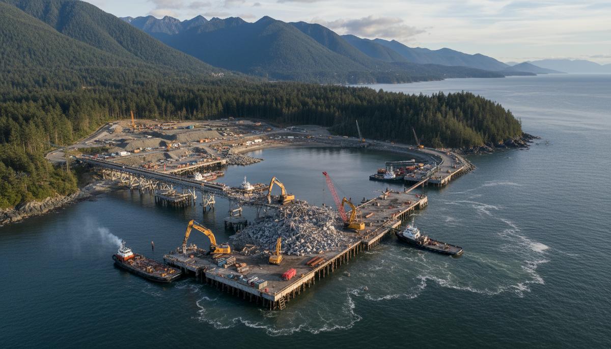 LNG Canada начинает масштабные строительные работы у морского терминала Вид с воздуха на строящийся морской терминал СПГ на побережье. Идет демонтаж старого причала с помощью кранов.