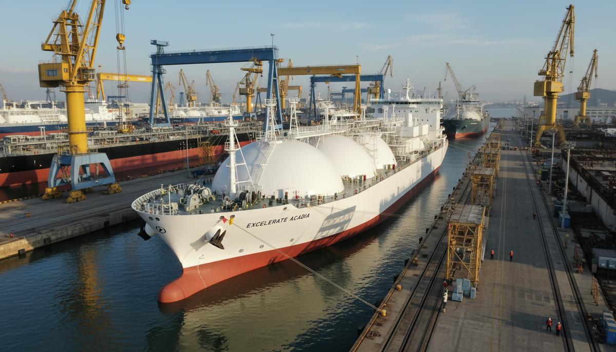 Новая плавучая установка для регазификации СПГ «Excelerate Acadia» у причала судостроительной верфи в Южной Корее.