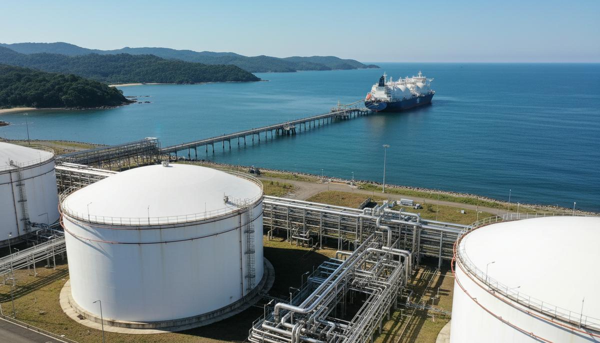 СПГ-терминал с резервуарами для хранения газа на солнечном побережье Бразилии. У причала стоит танкер-газовоз.