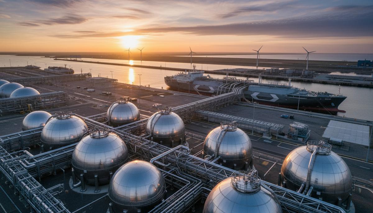 Современный портовый терминал для сжиженного газа на рассвете. Огромные сферические резервуары, трубопроводы и газовоз у причала.