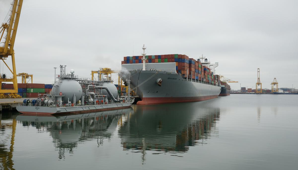 СПГ-бункеровщик заправляет сжиженным природным газом большой контейнеровоз в порту. Два судна стоят борт к борту.