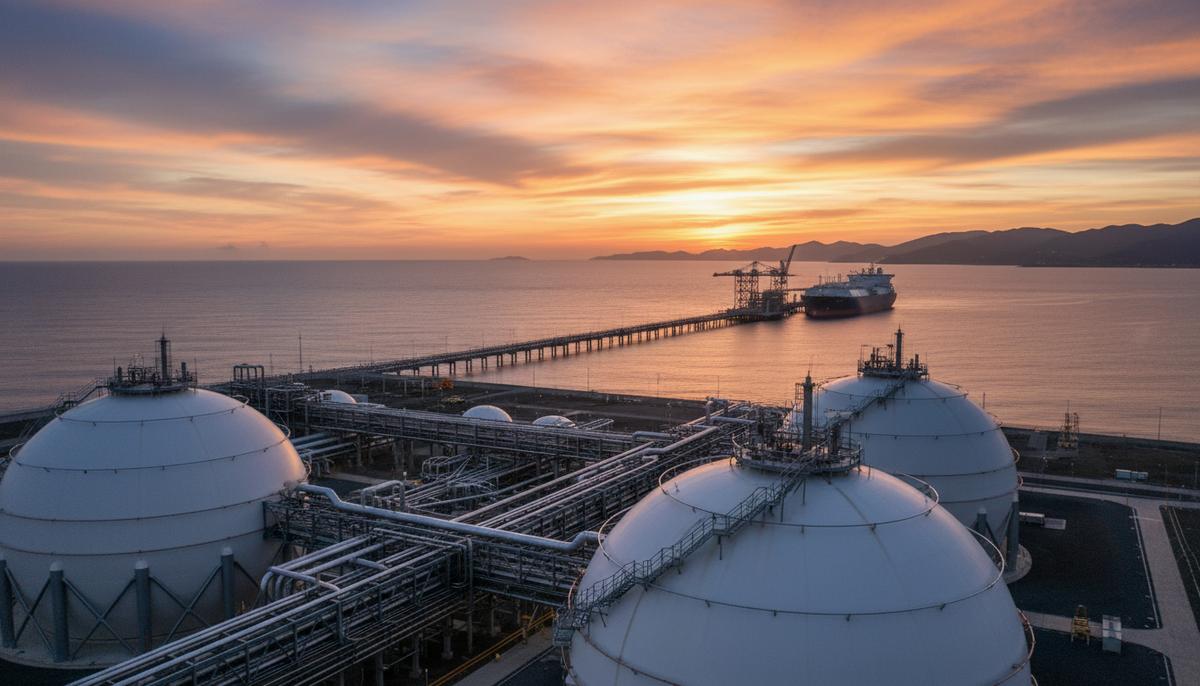 Морской терминал СПГ в Мексике: сферические хранилища и танкер-газовоз у причала на фоне заката над океаном.